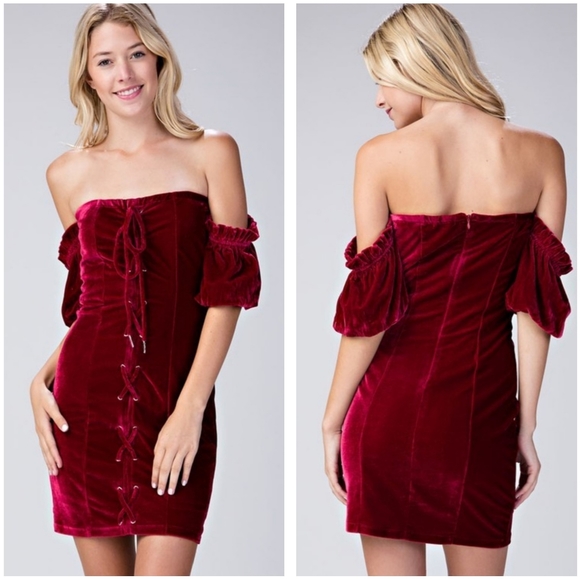 Crushed Velvet Lace Up Off Shoulder Cocktail Dress - Picture 2 of 3
